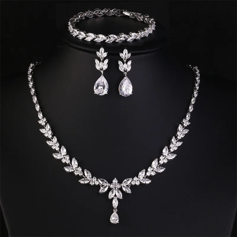 Brilliant Zirconia Leaf Necklace, Earrings & Bracelet Set