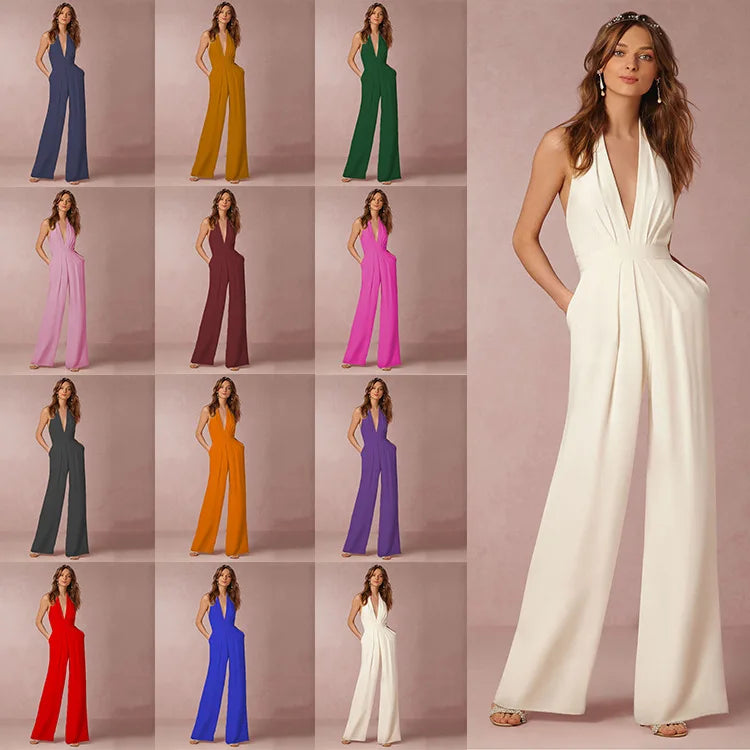 Women Deep V-neck Sleeveless Halter Wide Leg Jumpsuit