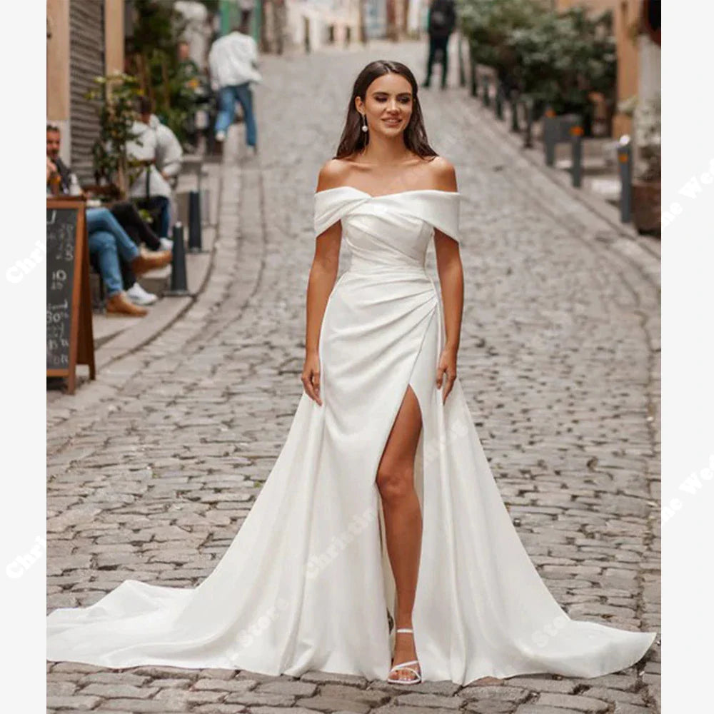 Boho Satin Off The Shoulder Wedding Dress