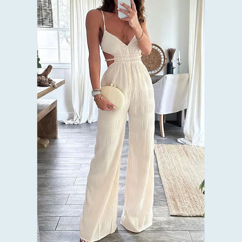 Resort Backless Textured Slim Jumpsuit