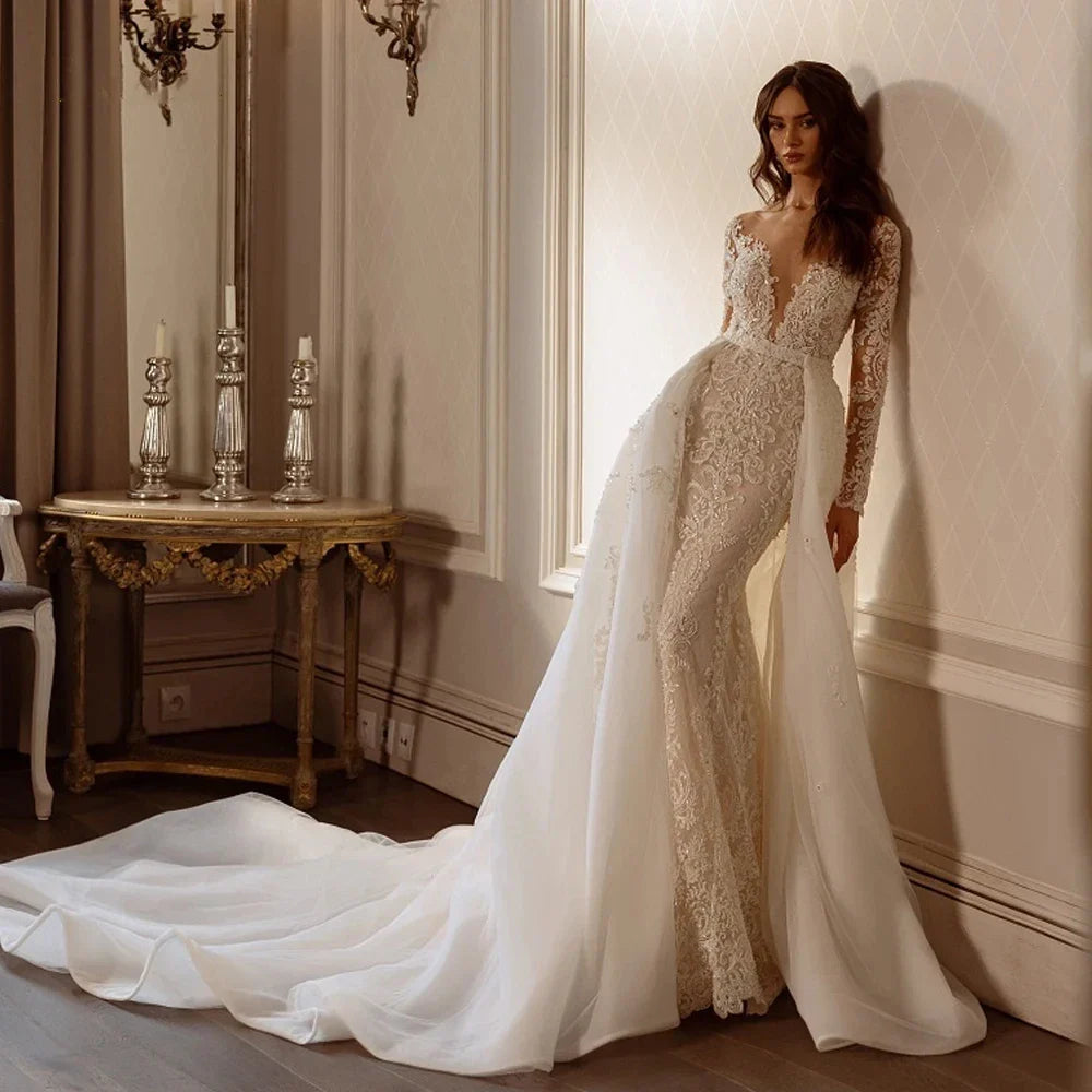 Mermaid Backless Bridal Gowns Lace Appliques & Long Sleeves